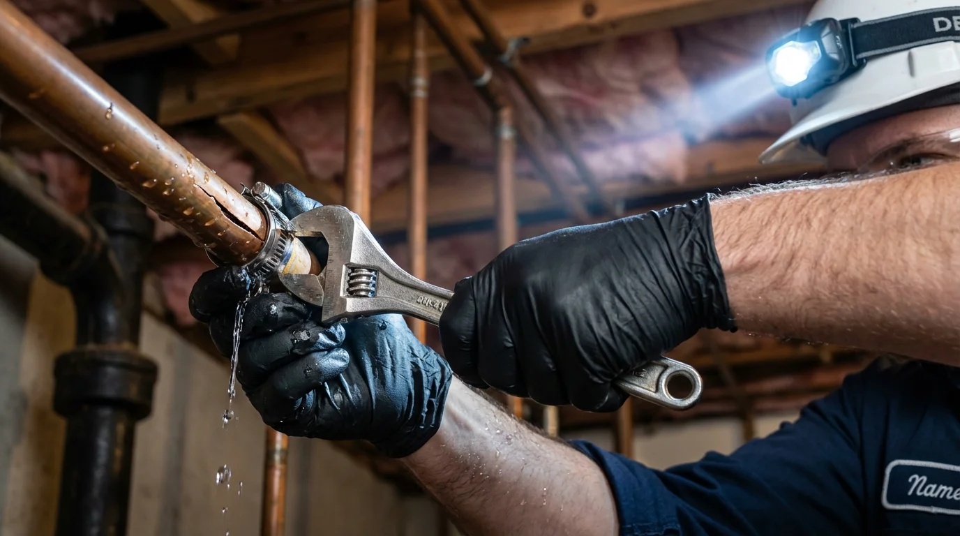 Emergency pipe clamp repair being performed by a Johns Plumbing LLC plumber in Tekamah