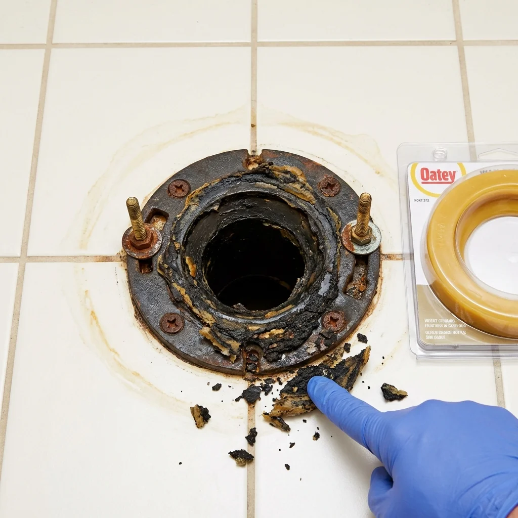 Failed wax ring showing water seepage at the base of a toilet in a Tekamah, NE home
